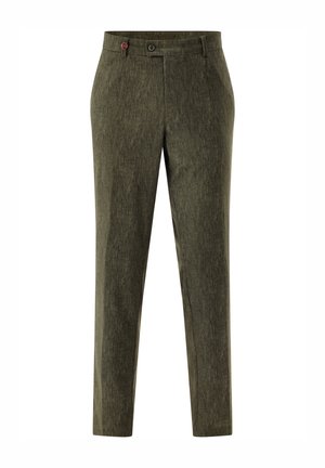 Schmale Herrenhose in Olivgrün mit Knopfverschluss und dezent strukturiertem Stoff.