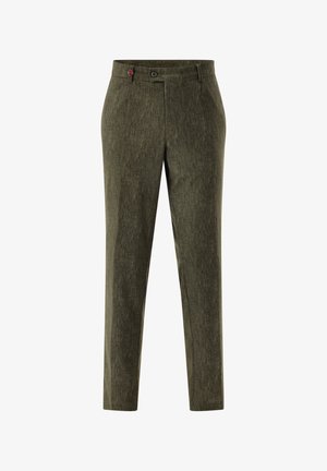 Schmale Herrenhose in Olivgrün mit Knopfverschluss und dezent strukturiertem Stoff.