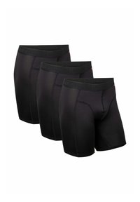 Boxer neri, confezione da tre, realizzati in tessuto morbido. Presentano un elastico morbido con logo "DANISHEN", taglio a ginocchio e senza fantasie visibili.