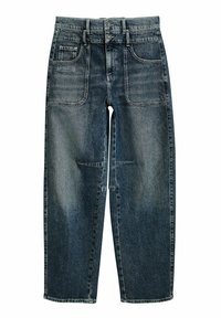 Jeans en denim à lavage foncé avec une coupe droite, dotés de deux poches avant, de coutures visibles et d'une fermeture à double bouton à la taille.