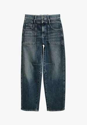 Jeans in denim di un lavaggio scuro con una vestibilità a gamba dritta, dotati di due tasche frontali, cuciture visibili e chiusura a doppio bottone in vita.