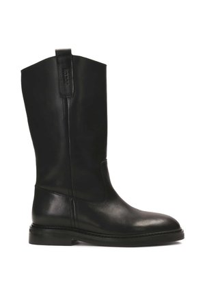 Black leather knee-high boot with a smooth texture, rounded toe, and a pull tab. Design features minimal stitching and a chunky sole.
