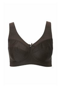 Brązowy biustonosz bez wkładek o gładkiej fakturze, szerokich ramiączkach i ozdobie w formie guzika na środku. Posiada perforowany wzór na materiale.