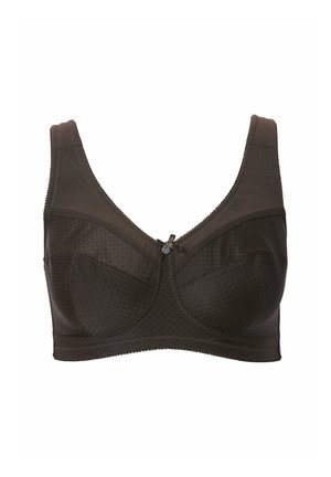 Sujetador marrón sin relleno con textura lisa, tirantes anchos y un detalle de botón en el centro. Presenta un patrón perforado en la tela.