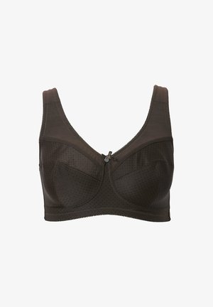 Brauner, ungepolsterter BH mit glatter Textur, breiten Trägern und einem Knopfakzent in der Mitte. Verfügt über ein perforiertes Muster auf dem Stoff.