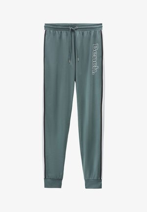 Sweatpants aus türkisfarbenem Material mit weißen Seitenstreifen und schwarzen Akzenten. Verfügt über einen elastischen Bund mit Kordelzügen und einem bedruckten Logo.