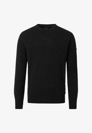 Ciemnoszary sweter z długim rękawem i okrągłym dekoltem, z prążkowanymi mankietami i dołem, wykonany z miękkiej dzianiny.