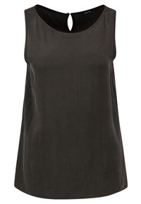 Haut noir sans manches avec un détail en forme de trou à l'arrière, fabriqué en tissu lisse, présentant un col arrondi et une coupe ample.