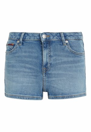 Shorts in denim di colore azzurro chiaro con un classico design a cinque tasche, caratterizzati da una chiusura con bottone e una leggera sfumatura, con dettagli di marca sulla tasca.