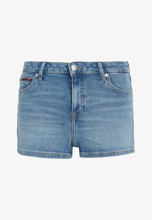 Shorts in denim di colore azzurro chiaro con un classico design a cinque tasche, caratterizzati da una chiusura con bottone e una leggera sfumatura, con dettagli di marca sulla tasca.