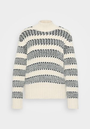 Gestrickter Pullover mit hohem Kragen, verziert mit cremefarbenen und marineblauen horizontalen Streifen. Rippbündchen an den Ärmeln und am Saum. Grobe Struktur mit gemütlichem Aussehen.
