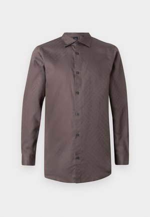 Brown long-sleeve button-up shirt with a subtle pattern. Features a standard collar and black buttons, made from smooth fabric.