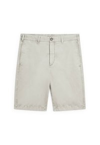 Beige Baumwoll-Shorts mit geradem Schnitt. Verfügt über einen einzelnen Knopfverschluss, Gürtelschlaufen und Seitentaschen. Glatte Textur und schlichtes Design.