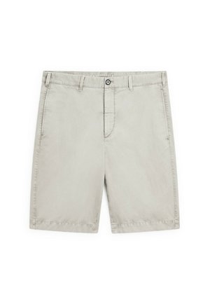 Beige bomulds shorts med lige snit. Har en enkelt knaplukning, bæltestropper og sidelommer. Glat tekstur og enkelt design.