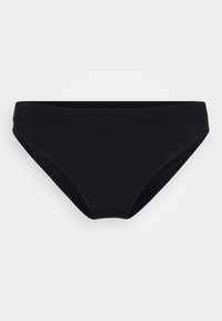 Black bikini bottom with a smooth texture, thin waistband, and moderate coverage. Simple design with no visible patterns or embellishments.