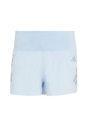 Jasnoniebieskie spodenki sportowe o gładkiej fakturze, z szerokim pasem  i kontrastowymi szarymi akcentami logo po bokach na dole.