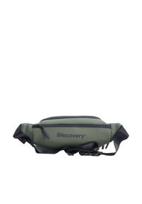 Marsupio in materiale impermeabile verde oliva, con zip nera, cinturino regolabile e logo "Discovery" in grigio.
