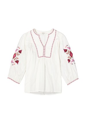 Witte geborduurde blouse met lange mouwen, voorzien van roze geometrische patronen en een v-hals. Lichtgewicht, gestructureerde katoenstof.