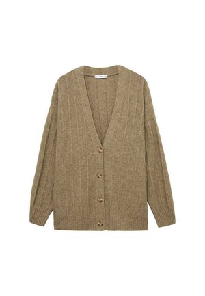 Khaki vest met een V-hals, ribbelstructuur, lange mouwen en vijf houten knopen aan de voorkant. Ontspannen pasvorm met zijsplitten.