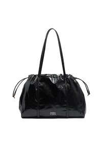 Czarna błyszcząca torba na ramię z długimi uchwytami, sznurkiem po bokach oraz logo "BIMBA Y LOLA" z przodu.