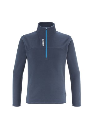 Pullover en polaire marine avec un col zippé à quart, tissu texturé, manches longues et accents de zip bleus ; présente un logo sur la poitrine.