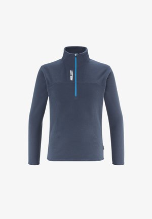 Navy fleece pullover with a quarter-zip neck, textured fabric, long sleeves, and blue zip accents; features logo on the chest.