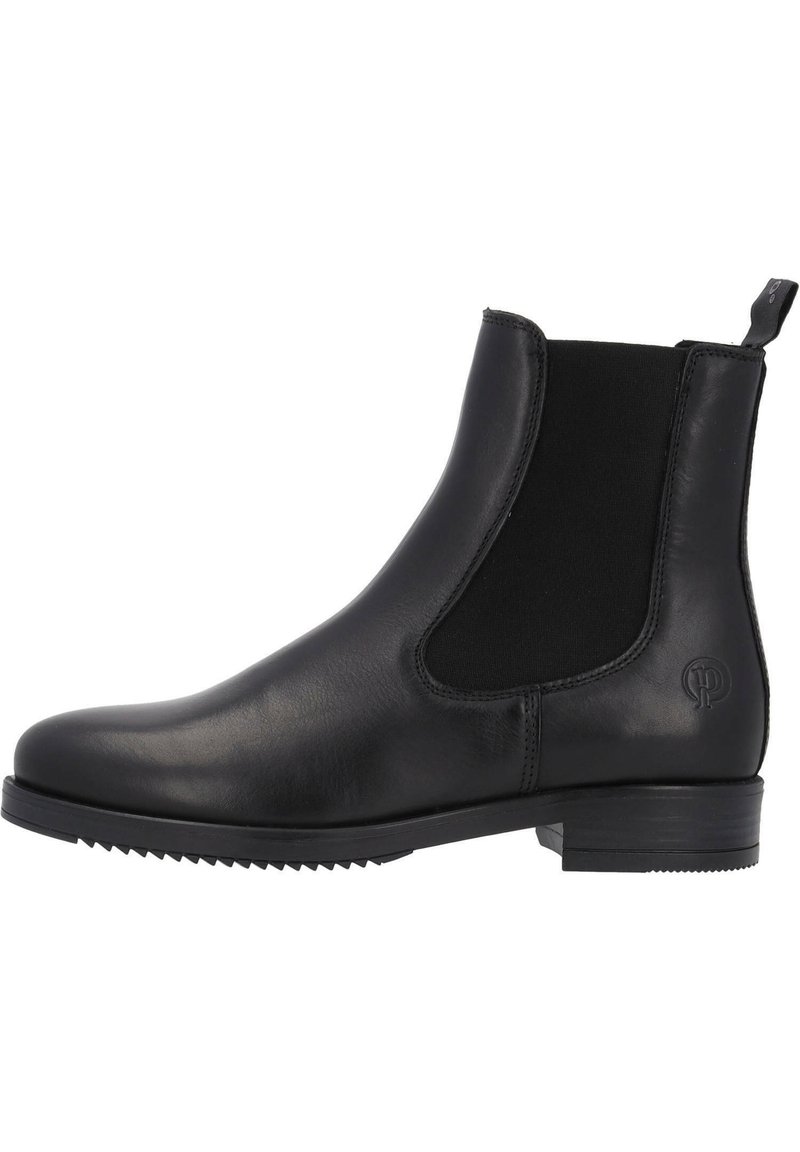 Botín Chelsea de cuero negro con paneles laterales elásticos y una lengüeta. Presenta una suela de goma texturizada con banda de rodadura estriada para un mejor agarre.