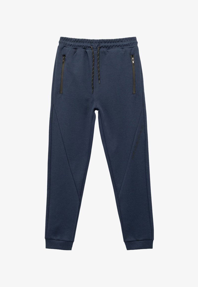 Marineblaue Jogginghose aus weichem Stoff mit elastischem Bund und verstellbarem Kordelzug, ausgestattet mit zwei Reißverschlusstaschen und seitlichen Akzenten.