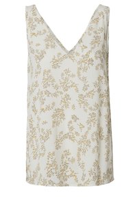 Haut sans manches couleur crème clair avec un motif floral en or et vert. Présente un col en V et un tissu doux et texturé.