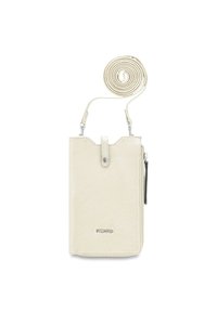 Cream leather phone pouch with a textured finish, zipper closure, and adjustable strap. Features a snap button and branded embossing.
