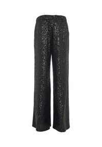 Pantalons larges en sequins noirs avec une taille élastique. La surface est recouverte de sequins brillants et réfléchissants, créant une apparence texturée.