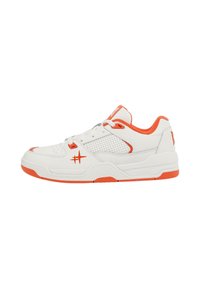 White athletic shoe with orange accents, featuring a textured design, perforated sides, and sturdy sole. Laces and logo detail included.