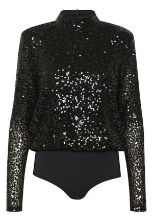 Svart långärmad bodysuit med hög hals, täckt av glittrande svarta paljetter; slät tyg i botten som skapar en figurnära silhuett.