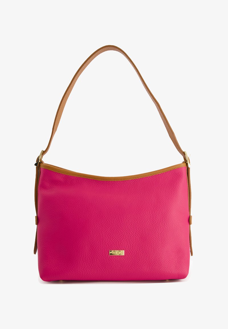 Pink leather shoulder bag with a tan strap, rounded shape, textured surface, and gold logo plaque on the front.