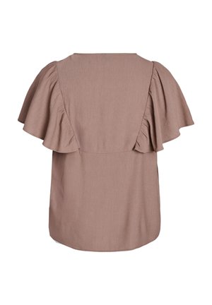 Kortärmad topp i ljus mauve tyg, med volangärmar och avslappnad passform, med en slät yta och rund halsringning bak.