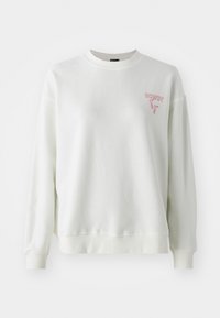 Witte sweatshirt met een ronde hals, lange mouwen en geribbelde manchetten. Voorzien van roze "HOWDY"-tekst op de linkerborst. Gemaakt van zacht katoen.