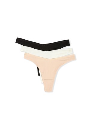 Trois paires de culottes en string pour femmes en noir, blanc et beige clair. Fabriquées en tissu côtelé avec une bande élastique étroite et une couverture minimale.