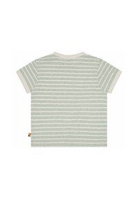 Kurzarm-T-Shirt in Beige mit grünen horizontalen Streifen. Rundhalsausschnitt, weicher Stoff und kleines, mehrfarbiges Etikett an der Seite.