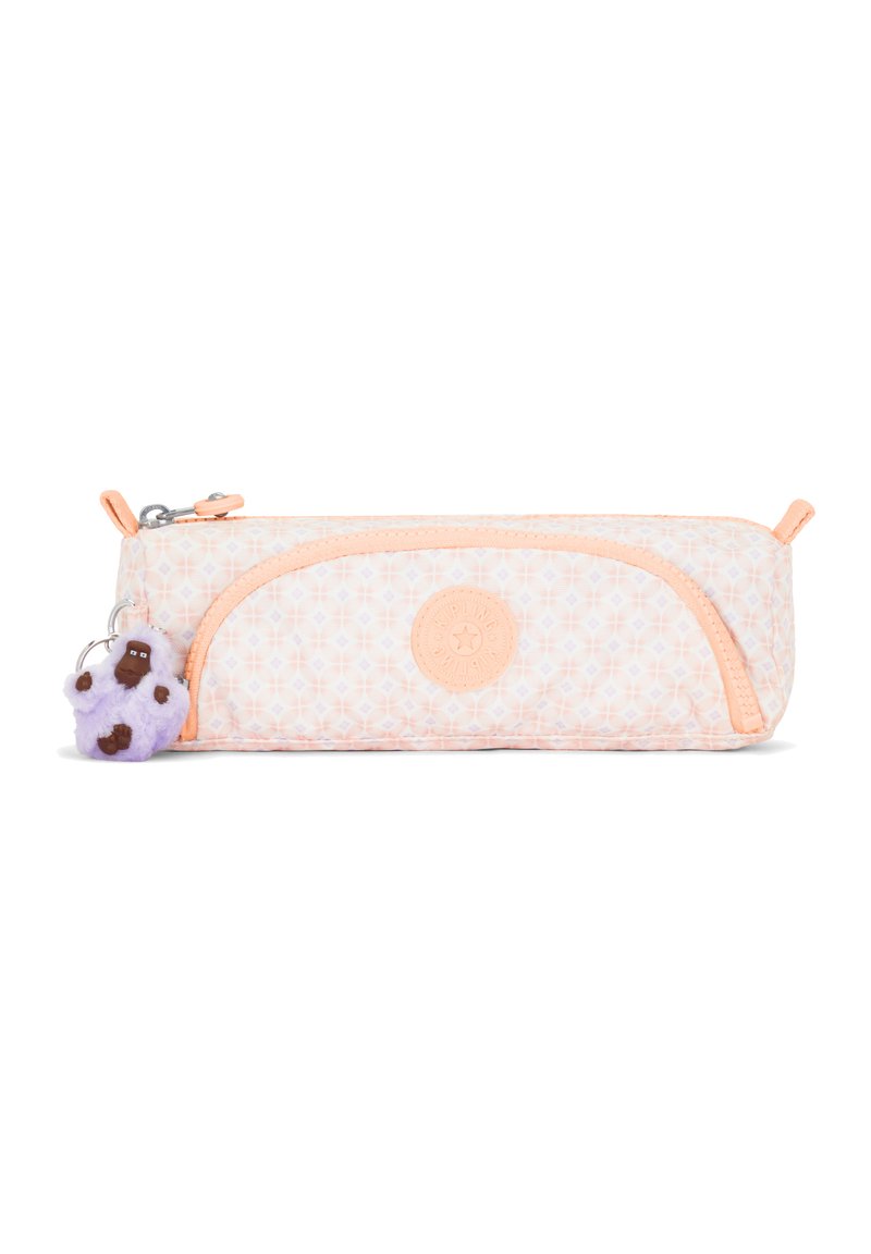 Astuccio con zip in tessuto rosa chiaro con motivo geometrico. Presenta una toppa rotonda con logo e un ciondolo in peluche viola.