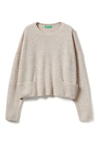 Beżowy krótki sweter wykonany z miękkiej tkaniny dzianinowej. Posiada prążkowaną teksturę przy mankietach i dolnej krawędzi, a także okrągły dekolt. Luźne rękawy.