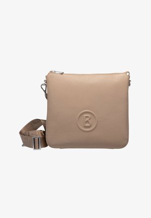 Beige leren schoudertas met geperst cirkelvormig logo, bovenste ritssluiting en verstelbare stoffen band met metalen gesp.