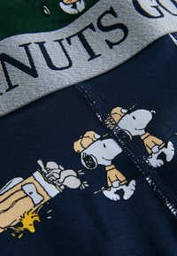 Marinblå underkläder med en bomullsblandning och ett grått elastiskt midjeband. Kartongtryck med Snoopy och Woodstock är illustrerade över hela plagget.