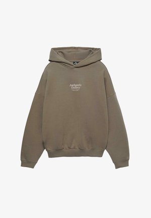 Olivengrøn hættetrøje med løs pasform, ribstrikkede manchetter og kant, med hvid tekst "Authentic Gallery" på forsiden. Blød tekstur.