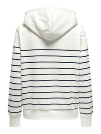 Weißer Hoodie mit marineblauen Streifen auf der Rückseite, ausgestattet mit einer Kapuze mit Kordelzug und gerippten Bündchen. Weicher Baumwollstoff mit lockerem Schnitt.