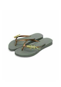 Green flip-flops with a textured surface, bronze-colored straps, and embellished lizard accents. The lizards feature green and clear rhinestones.