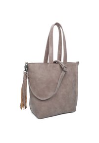 Borsa tote in finta pelle grigia con finitura testurizzata, dotata di due manici lunghi e un dettaglio a frangia removibile. Silhouette quadrata.