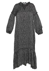 Robe noire à pois blancs, manches bouffantes longues, décolleté en V, ourlet volanté et coupe ample, fabriquée en tissu léger.