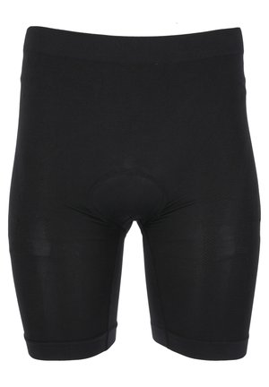 Black cycling shorts made from stretchy, moisture-wicking fabric. Features a padded insert and a wide elastic waistband for comfort.