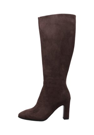 Bota de mujer marrón de ante hasta la rodilla, con tacón ancho y puntera redondeada, vista de lado sobre un fondo blanco.