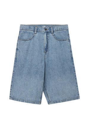 Lichtblauwe denim shorts met steekzakken aan de voorkant, riemlussen en een knoop-ritssluiting.